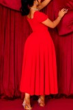 Red Casual Solid Color Patchwork Ruched Square Neck Waist Skirt Plus Size Dresses