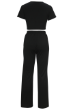 Black Casual Letters Pocket Patchwork O Neck Short Sleeve Two Pieces