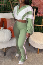 Green Casual Sportswear Daily Patchwork Contrast Zipper Collar Long Sleeve Two Pieces