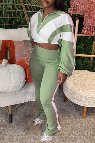 Green Casual Sportswear Daily Patchwork Contrast Zipper Collar Long Sleeve Two Pieces