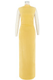 Blue Casual Solid Color Ruched Turtleneck Long Dresses