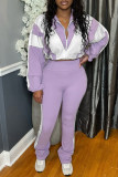 Purple Casual Sportswear Daily Patchwork Contrast Zipper Collar Long Sleeve Two Pieces