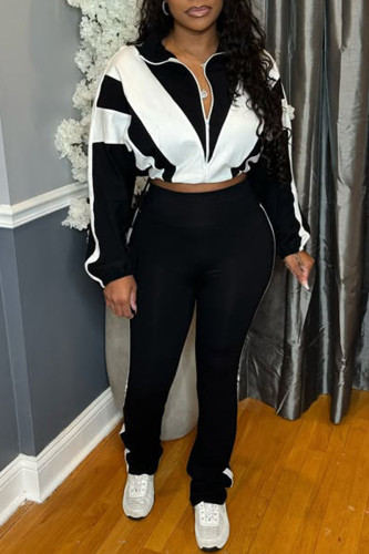 Black Casual Sportswear Daily Patchwork Contrast Zipper Collar Long Sleeve Two Pieces