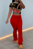 Black Red Casual Print Patchwork O Neck Short Sleeve Two Pieces