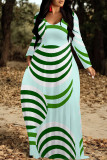 Light Green Casual Geometric Print Pocket Contrast O Neck Printed Dresses