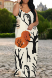 Apricot Sexy Print Patchwork Spaghetti Strap Long Dresses