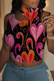 White Blue Sexy Print Hollow Out Patchwork O Neck T-Shirts