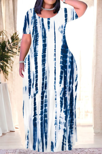 Blue White Casual Striped Print Pocket Contrast O Neck Printed Plus Size Dresses