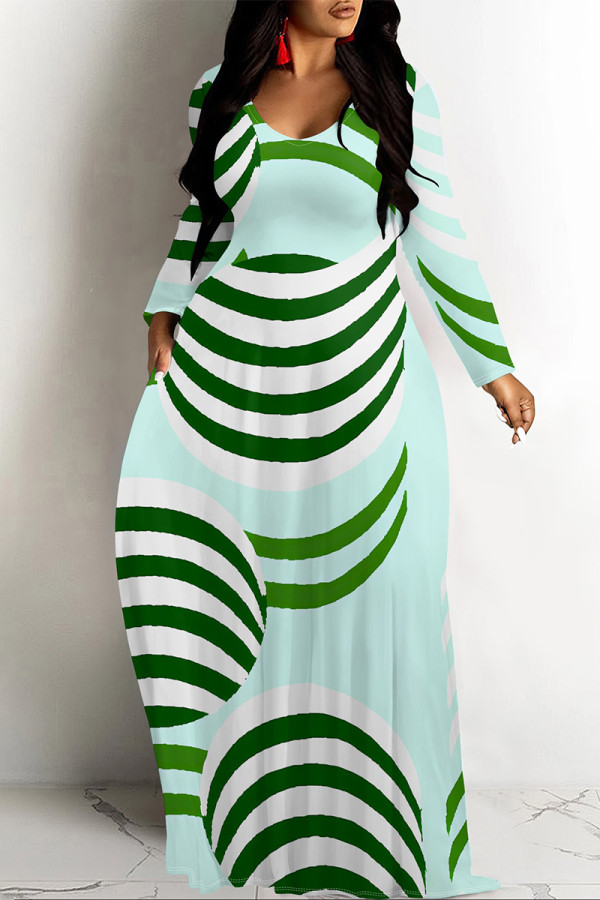 Light Green Casual Geometric Print Pocket Contrast O Neck Printed Dresses