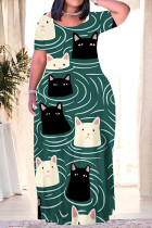 Ink Green Casual Graffiti Print Pocket Contrast O Neck Printed Plus Size Dresses