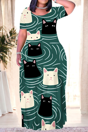 Ink Green Casual Graffiti Print Pocket Contrast O Neck Printed Plus Size Dresses