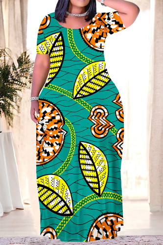 Lake Green Casual Graffiti Print Pocket Contrast O Neck Printed Plus Size Dresses