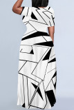 Blue Casual Geometric Print Pocket Contrast O Neck Printed Plus Size Dresses