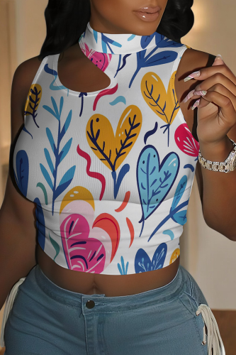 White Blue Sexy Print Hollow Out Patchwork O Neck T-Shirts