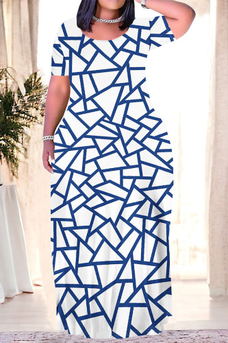 Blue White Casual Geometric Print Pocket Contrast O Neck Printed Plus Size Dresses