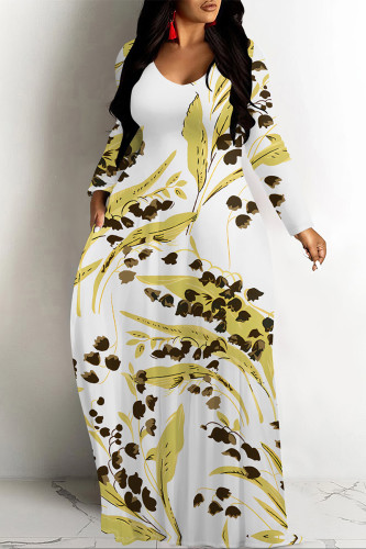 Yellow White Casual Colorblock Flowers Print Pocket Contrast O Neck Printed Dresses
