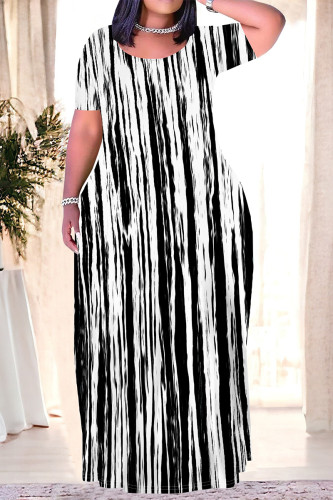 Black And White Casual Striped Print Pocket Contrast O Neck Printed Plus Size Dresses