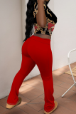 Black Red Casual Print Patchwork O Neck Short Sleeve Two Pieces