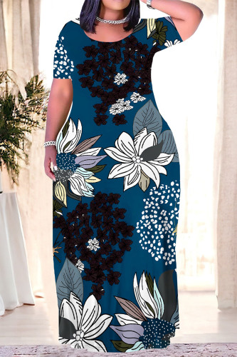 Blue Casual Graffiti Print Pocket Contrast O Neck Printed Plus Size Dresses