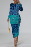 Turquoise Casual Geometric Print Contrast O Neck Printed Dresses