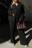 Black Casual Daily Solid Color Buttons Turndown Collar Long Sleeve Two Pieces