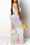Cream White Sexy Floral Print Hollow Out Contrast O Neck Printed Dresses