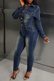Deep Blue Casual Daily Solid Color Buttons Turndown Collar Long Sleeve High Waist Bodycon Denim Jumpsuits