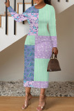 Turquoise Casual Geometric Print Contrast O Neck Printed Dresses
