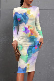 Light Pink Casual Floral Print Gradient Contrast O Neck Printed Dresses