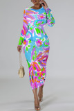 Turquoise Casual Geometric Print Contrast O Neck Printed Dresses
