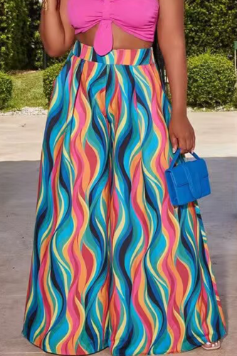 Colour Casual Stripe Patchwork Loose High Waist Wide Leg Full Print Bottoms