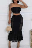 Black Sexy Solid Color Lace Patchwork Strapless Sleeveless Two Pieces