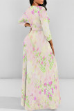 Pink Elegant Floral Print Gradient Lace Up O Neck Printed Dresses