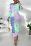 Turquoise Casual Geometric Print Contrast O Neck Printed Dresses