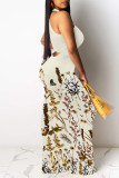 Cream White Sexy Floral Print Hollow Out Contrast O Neck Printed Dresses