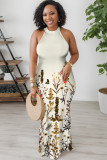 Cream White Sexy Floral Print Hollow Out Contrast O Neck Printed Dresses