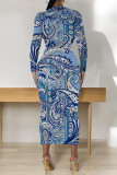 Turquoise Casual Geometric Print Contrast O Neck Printed Dresses