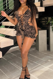 Khaki Sexy Leopard Print Strap Design Ruffled Trim Spaghetti Strap Skinny Rompers