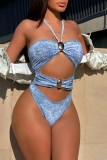 Blue Sexy Faux Denim Print Hollow Out Metal Accessories Trim Backless Belted Swimwears (With Paddings)