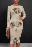 Light Pink Casual Floral Print Gradient Contrast O Neck Printed Dresses