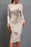 Light Pink Casual Floral Print Gradient Contrast O Neck Printed Dresses