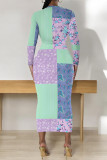 Turquoise Casual Geometric Print Contrast O Neck Printed Dresses