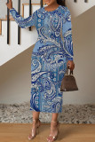 Turquoise Casual Geometric Print Contrast O Neck Printed Dresses