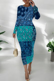 Turquoise Casual Geometric Print Contrast O Neck Printed Dresses