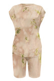 Light Color Casual Gradient Print Flowers Contrast O Neck Short Sleeve Two Pieces