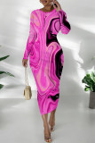 Turquoise Casual Geometric Print Contrast O Neck Printed Dresses