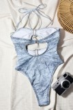 Blue Sexy Faux Denim Print Hollow Out Metal Accessories Trim Backless Belted Swimwears (With Paddings)