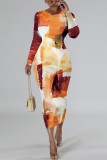 Turquoise Casual Geometric Print Contrast O Neck Printed Dresses