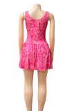 Rose Red Sexy Tie Dye Patchwork U Neck Sling Dresses