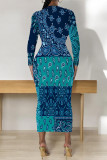 Turquoise Casual Geometric Print Contrast O Neck Printed Dresses